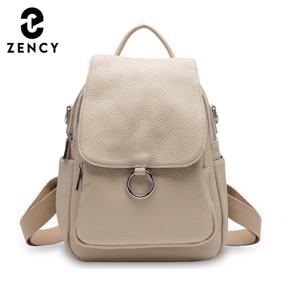 Genuine Leather Backpack - Zency 新ファッション女性バックパック 100% 本革冬ベージュデイリーカジュアルトラベルバッグクラシックブラックスクールバッグナップザック