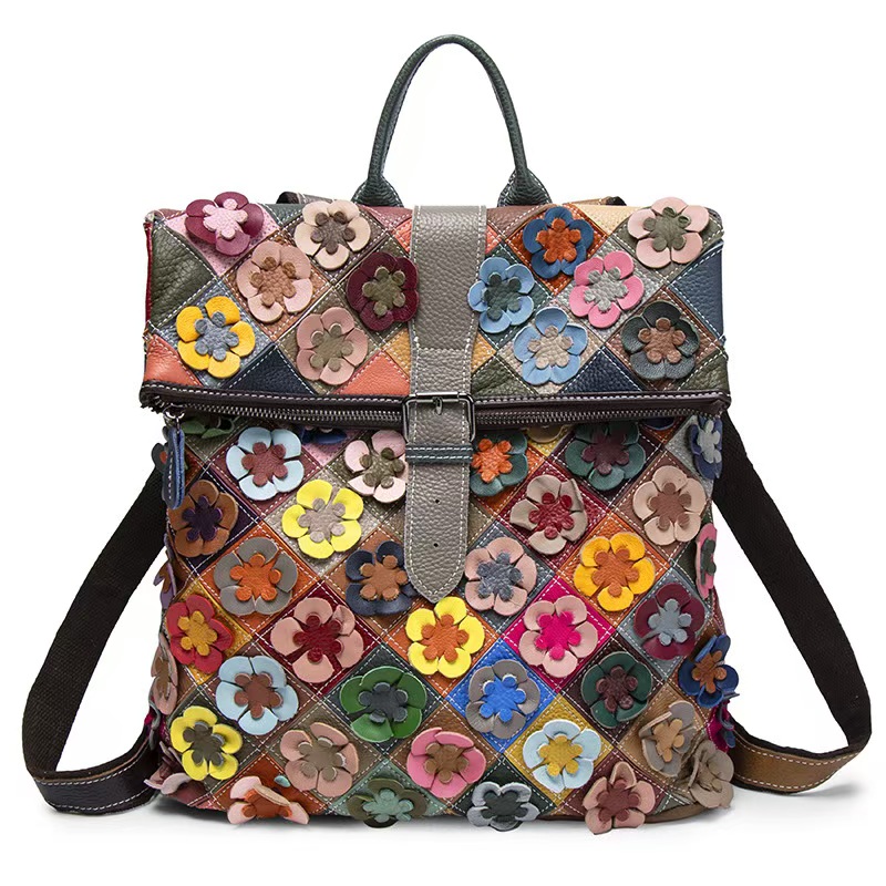 Genuine Leather Backpack - ヴィンテージ女性本革バックパックフラワーリアル牛革ショルダーバッグファッションパッチワークレディース牛革トラベルバッグパック