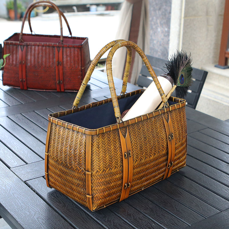 Luxury Bags For Summer - 女性のハンドバッグ高級デザイナー織竹バッグ夏のイブニングビーチわら籐バッグ大容量ティーセット収納バスケット