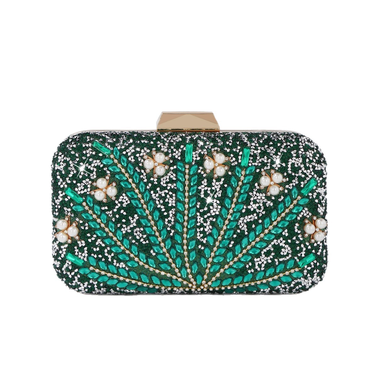 Luxury Bags Green - 高級ラインストーンとパールで飾られたグリーンのイブニングクラッチバッグ（女性用） - キラキラとした花柄のパーティーバッグ、チェーンストラップ付き
