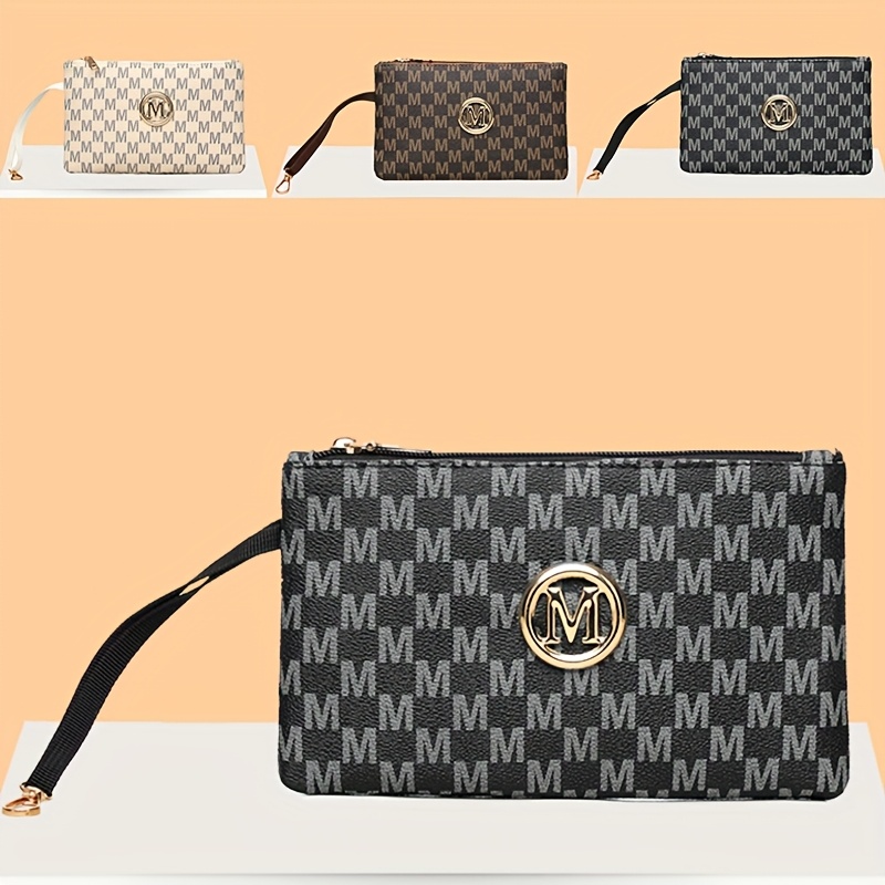 Wristlet Wallet Zipper - ヴィンテージレタープリント レディース クラッチ、長財布、収納ポーチ、カードホルダー、イヤホンケース
