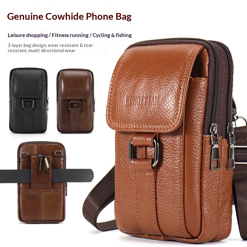 Genuine Leather Backpack - 本革メンズフォンベルトポーチ - ウエストパック、ベルトループホルスター、フォンバッグ、フォンバックパック - 多用途スタイル
