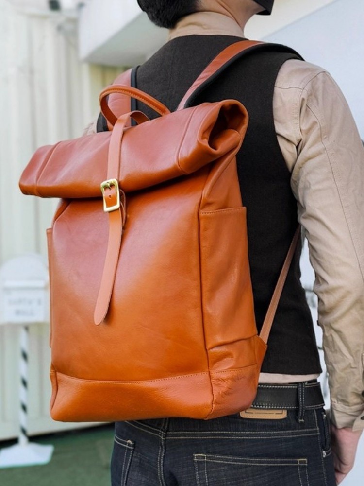 大容量メンズ本革バックパックヴィンテージ手作りオフィス男性ラ - Genuine Leather Backpack のレビューと価格
