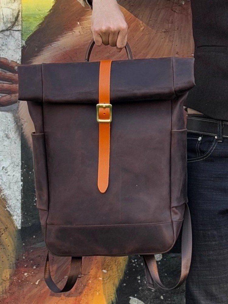 大容量メンズ本革バックパックヴィンテージ手作りオフィス男性ラ - Genuine Leather Backpack のレビューと価格