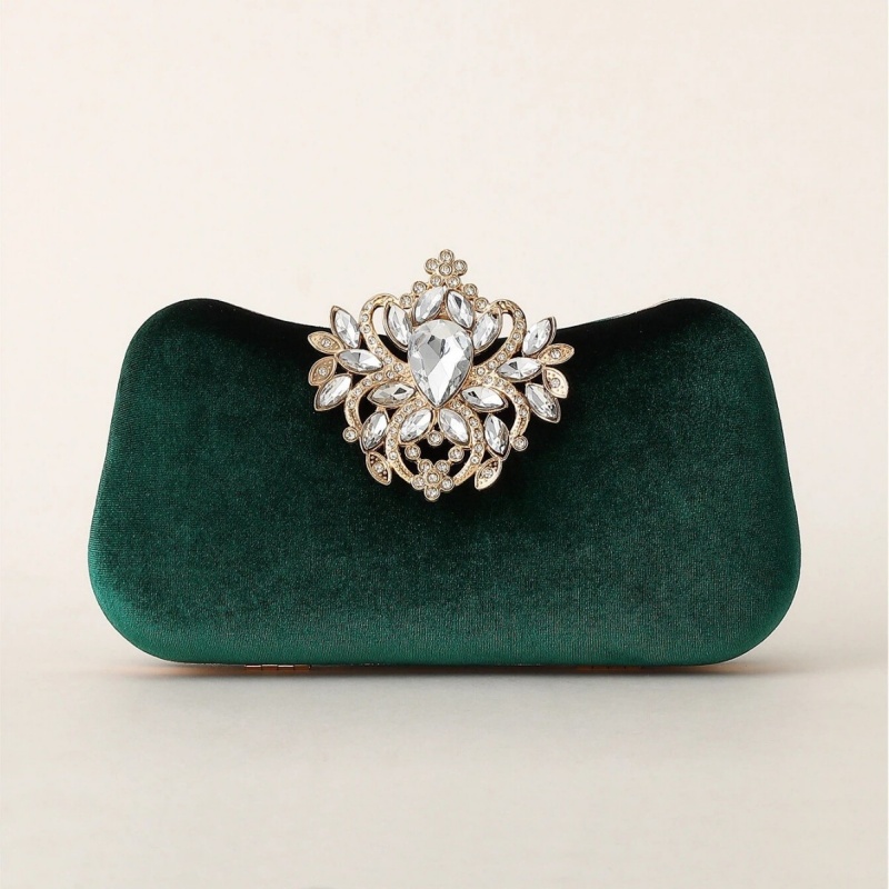 ダークグリーンベルベットクラッチバッグ高級ラインストーン花柄 - Luxury Bags Green のレビューと価格