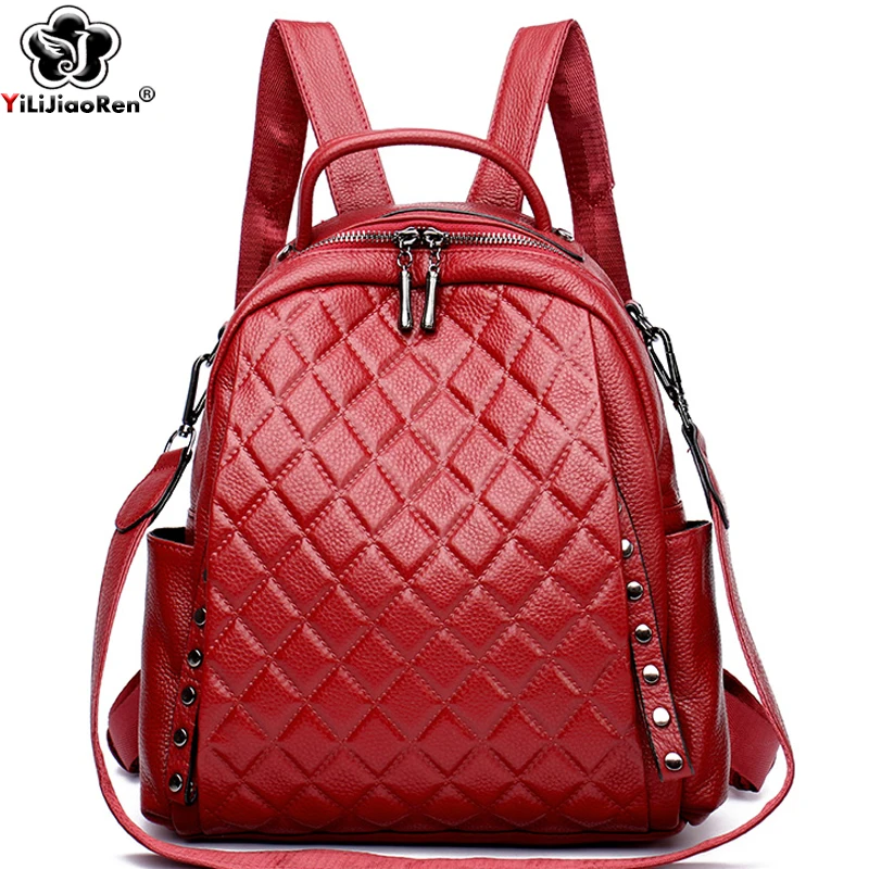本革リュックサック女性ショルダーバッグ高級デザイナーチェック - Genuine Leather Backpack のレビューと価格