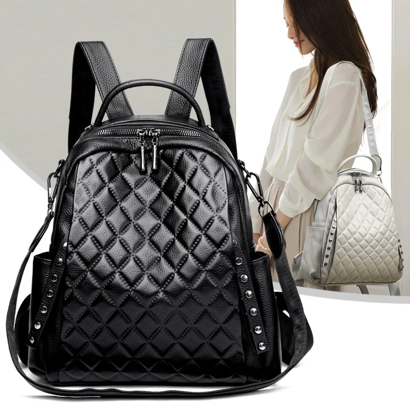 本革リュックサック女性ショルダーバッグ高級デザイナーチェック - Genuine Leather Backpack のレビューと価格