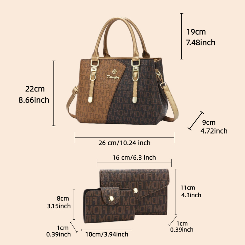 3点セットの女性用バッグ、高級プレミアムレザーのプリント入り - Luxury Zipper Bags のレビューと価格